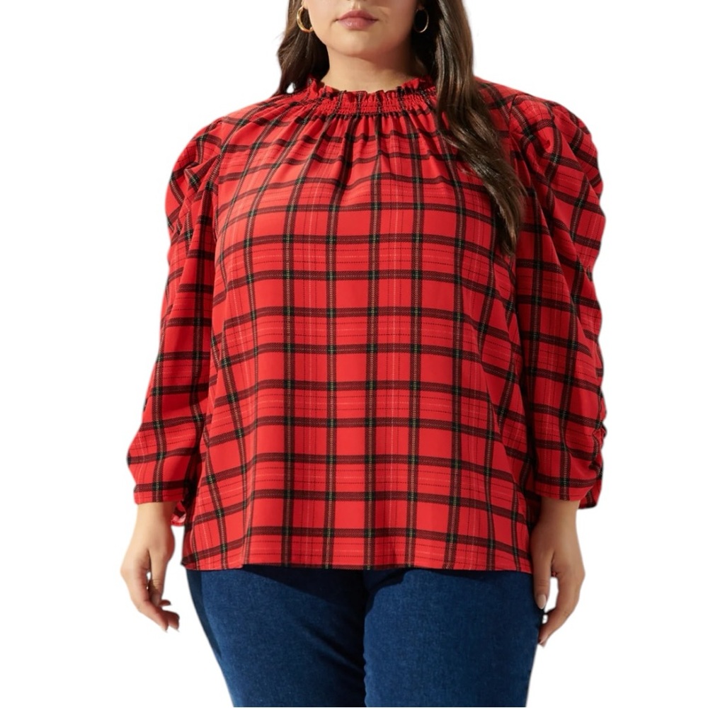 Sugarlips Woodland Red Plaid Drape Sleeve Top size 1X Statement Sleeve NWT